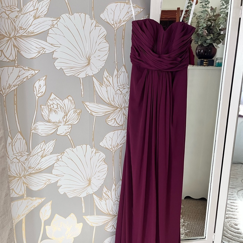 David's Bridal Strapless Burgundy Long Formal Dress